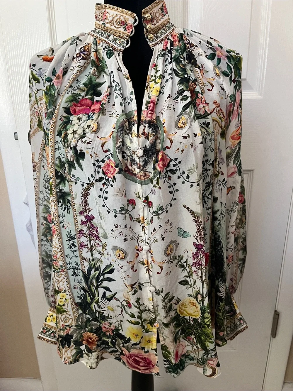 Camilla NWT Renaissance Romance ragland button silk shirt high neck jewels Small - Picture 1 of 16